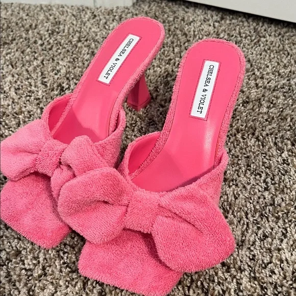Chelsea & Violet Paris Terry Cloth Bow Slide Heeled Sandals in Pink - Picture 1 of 2